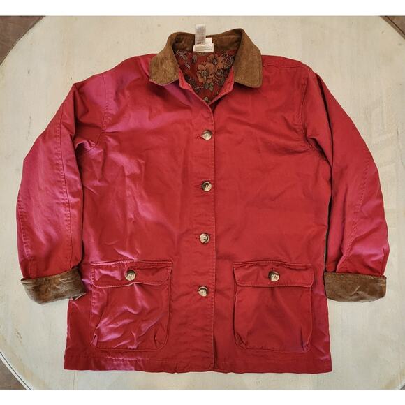 Coldwater Creek Women's Leather Trim Barn Coat Jacket SZ Large Red Buttons - Picture 6 of 10